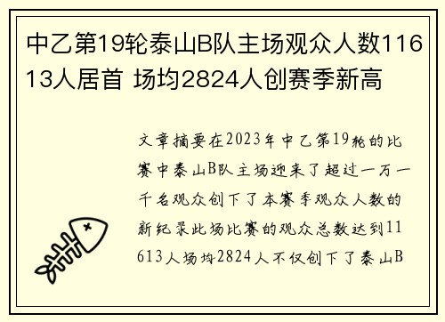中乙第19轮泰山B队主场观众人数11613人居首 场均2824人创赛季新高